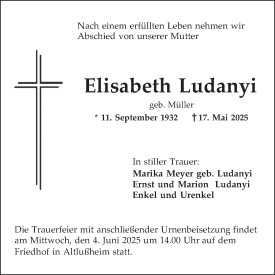Traueranzeige von Elisabeth Ludanyi von Schwetzinger Zeitung