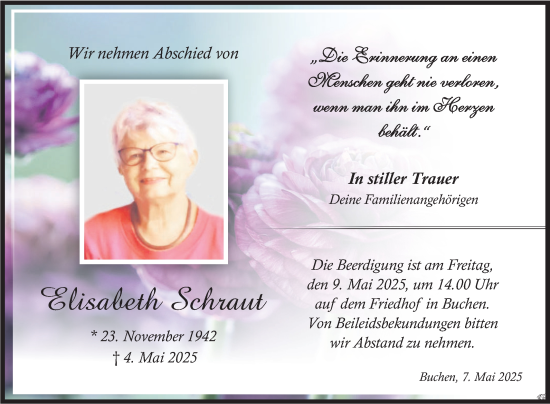 Traueranzeige von Elisabeth Schraut von Fränkische Nachrichten