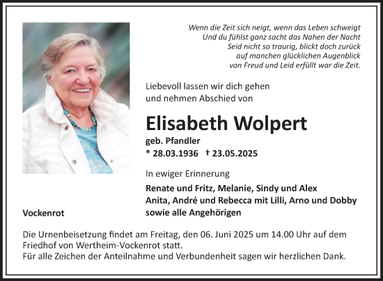 Traueranzeige von Elisabeth Wolpert von Fränkische Nachrichten