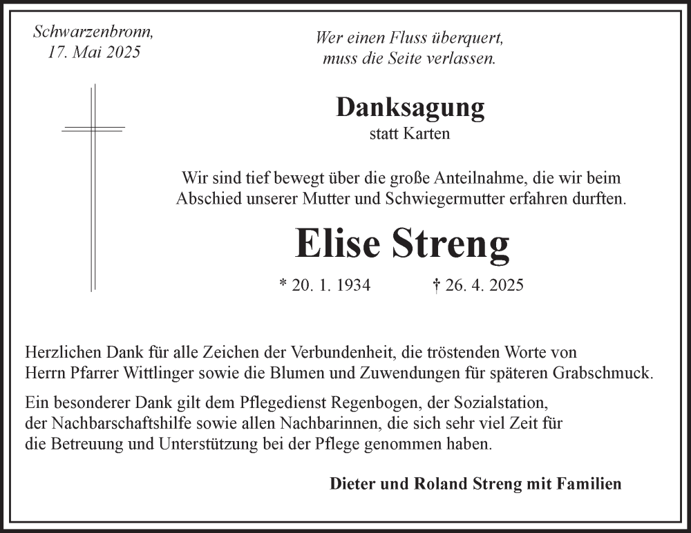  Traueranzeige für Elise Streng vom 17.05.2025 aus Fränkische Nachrichten