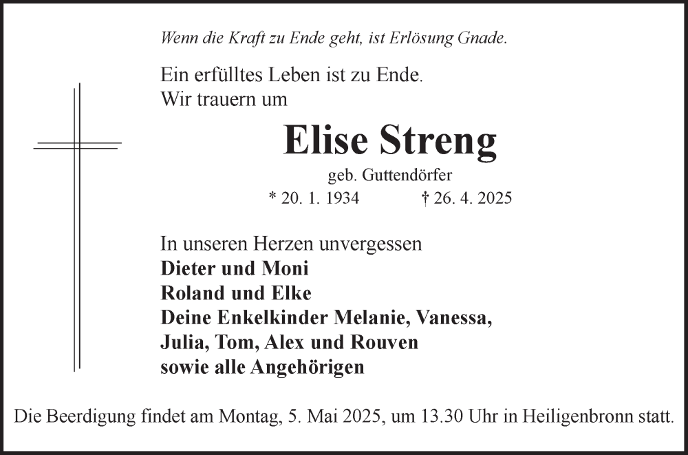  Traueranzeige für Elise Streng vom 03.05.2025 aus Fränkische Nachrichten
