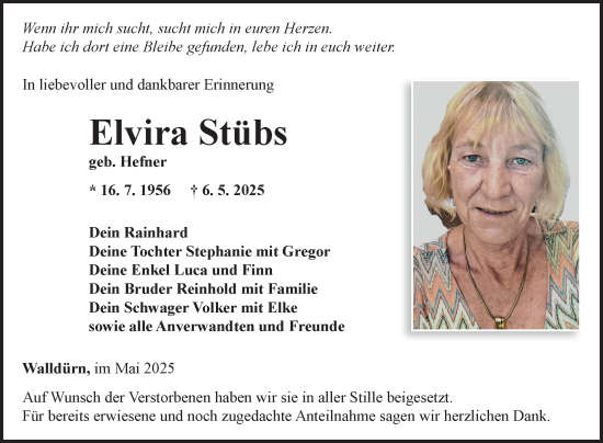 Traueranzeige von Elvira Stübs von Fränkische Nachrichten