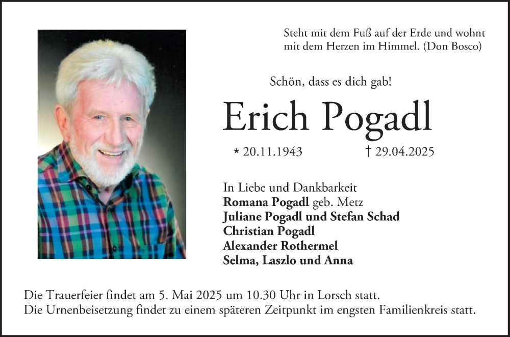  Traueranzeige für Erich Pogadl vom 02.05.2025 aus Bergsträßer Anzeiger
