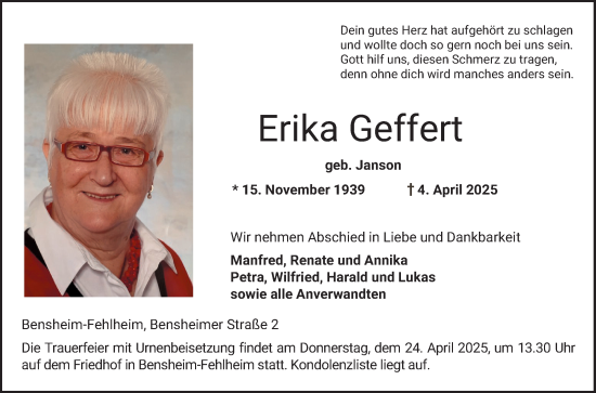 Traueranzeige von Erika Geffert von Bergsträßer Anzeiger