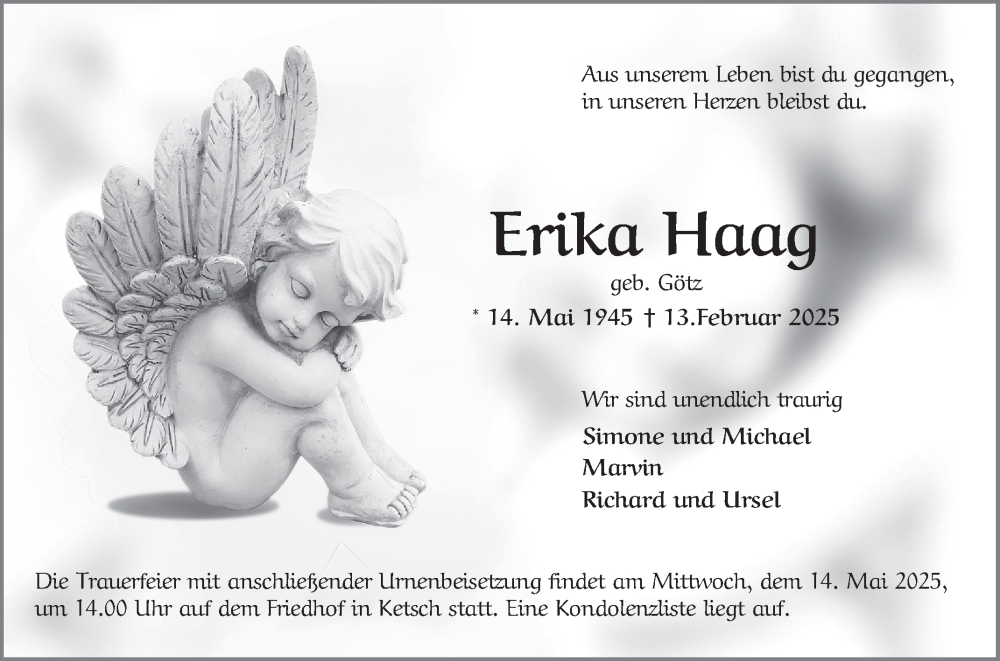  Traueranzeige für Erika Haag vom 10.05.2025 aus Schwetzinger Zeitung