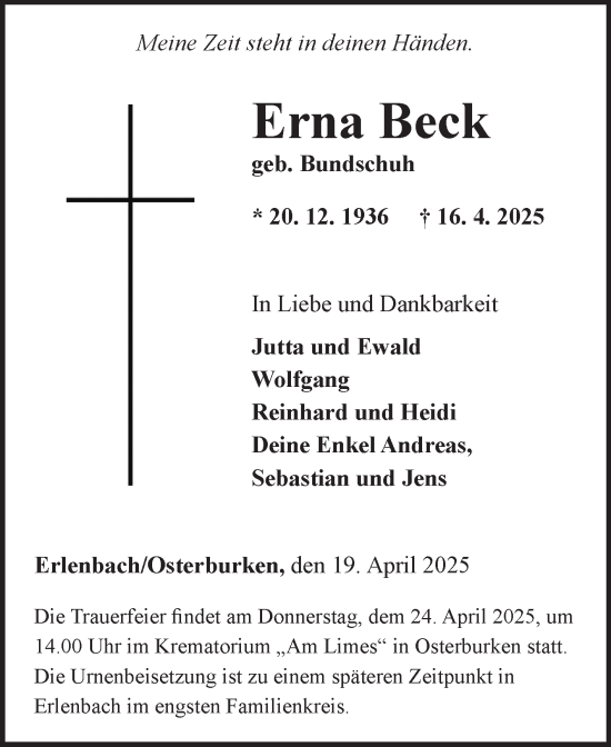 Traueranzeige von Erna Beck von Fränkische Nachrichten