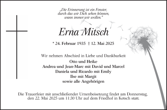 Traueranzeige von Erna Mitsch von Schwetzinger Zeitung