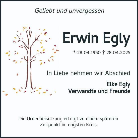 Traueranzeige von Erwin Egly von Mannheimer Morgen