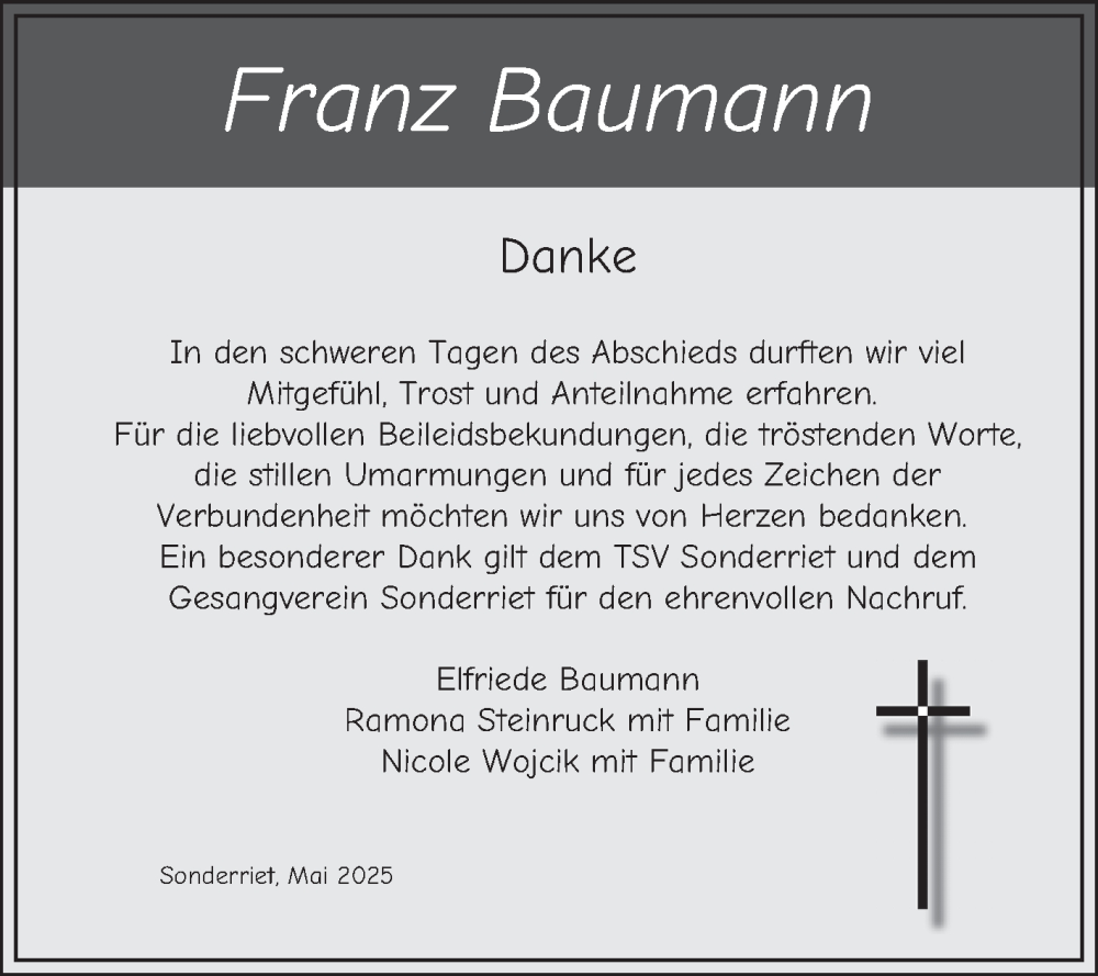  Traueranzeige für Franz Baumann vom 10.05.2025 aus Fränkische Nachrichten