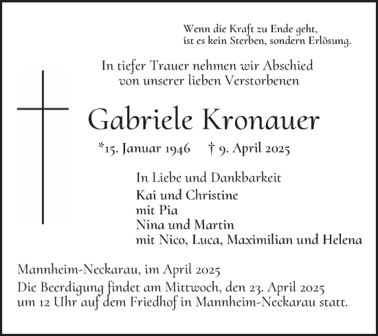Traueranzeige von Gabriele Kronauer von Mannheimer Morgen