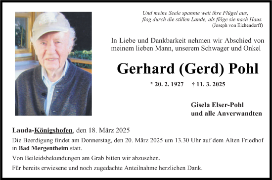 Traueranzeige von Gerhard Pohl von Fränkische Nachrichten