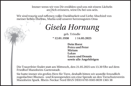 Traueranzeige von Gisela Hornung von Mannheimer Morgen