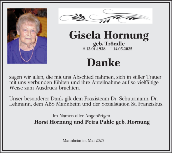 Traueranzeige von Gisela Hornung von Mannheimer Morgen