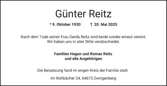 Traueranzeige von Günter Reitz von Bergsträßer Anzeiger