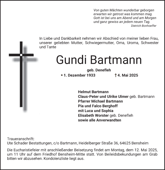 Traueranzeige von Gundi Bartmann von Bergsträßer Anzeiger