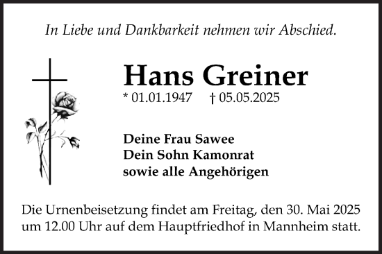 Traueranzeige von Hans Greiner von Mannheimer Morgen