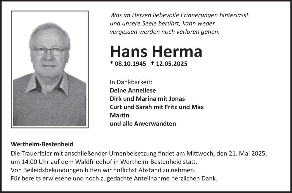  Traueranzeige für Hans Herma vom 17.05.2025 aus Fränkische Nachrichten