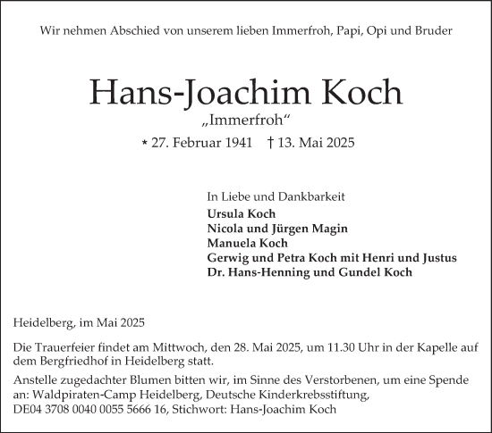 Traueranzeige von Hans-Joachim Koch von Mannheimer Morgen