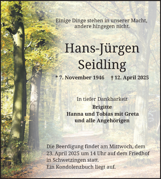 Traueranzeige von Hans-Jürgen Seidling von Mannheimer Morgen