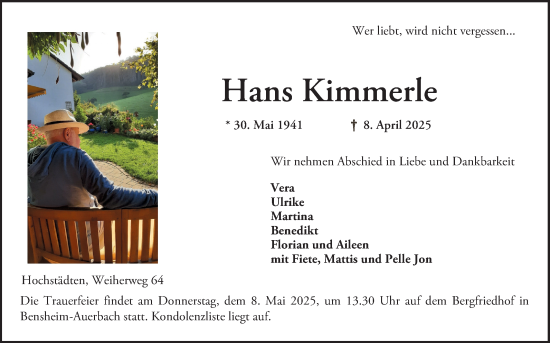 Traueranzeige von Hans Kimmerle von Bergsträßer Anzeiger