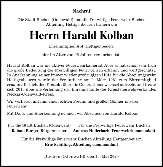 Traueranzeige von Harald Kolban von Fränkische Nachrichten