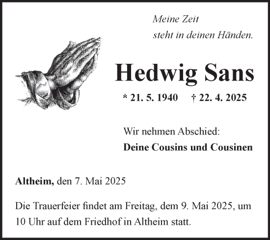 Traueranzeige von Hedwig Sans von Fränkische Nachrichten