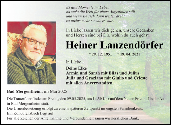 Traueranzeige von Heiner Lanzendörfer von Fränkische Nachrichten