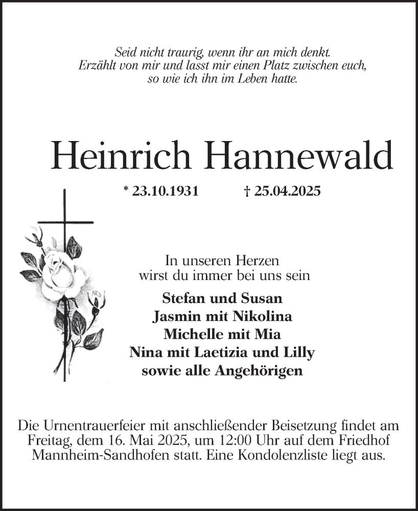  Traueranzeige für Heinrich Hannewald vom 10.05.2025 aus Mannheimer Morgen