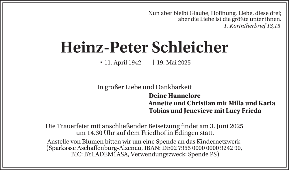  Traueranzeige für Heinz-Peter Schleicher vom 24.05.2025 aus Mannheimer Morgen