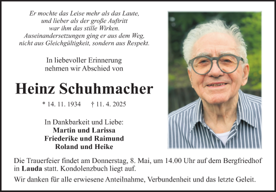 Traueranzeige von Heinz Schuhmacher von Fränkische Nachrichten