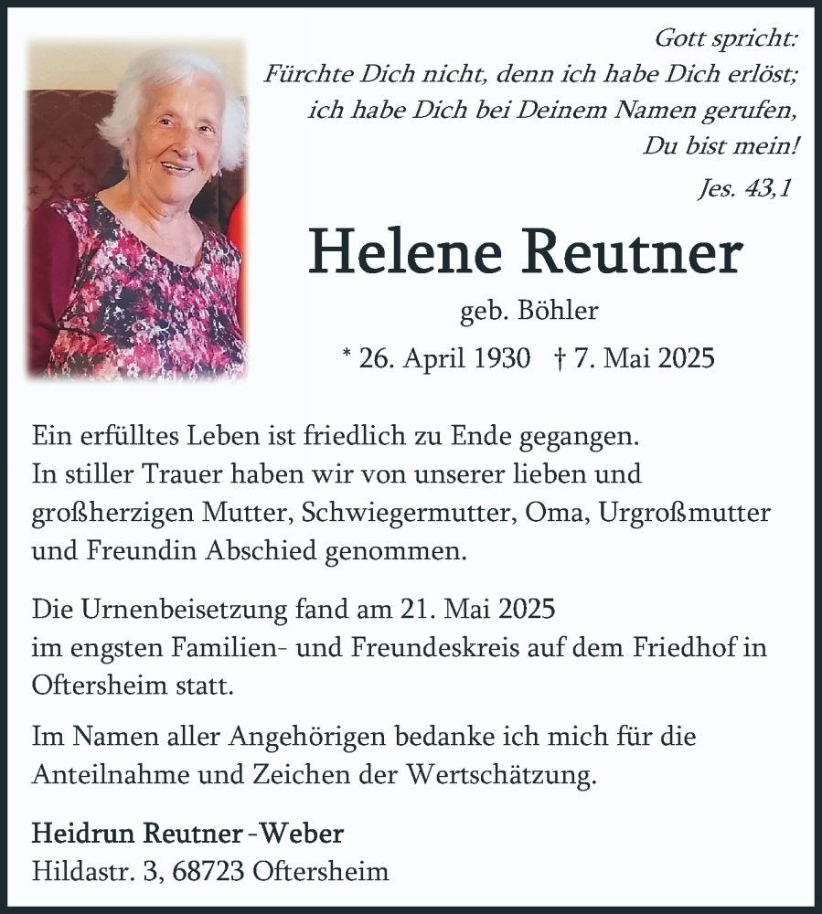  Traueranzeige für Helene Reutner vom 24.05.2025 aus Schwetzinger Zeitung