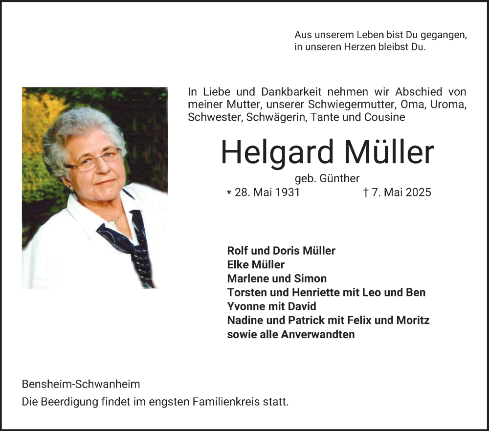  Traueranzeige für Helgard Müller vom 17.05.2025 aus Bergsträßer Anzeiger