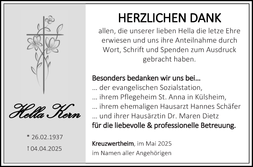  Traueranzeige für Hella Kern vom 10.05.2025 aus Fränkische Nachrichten