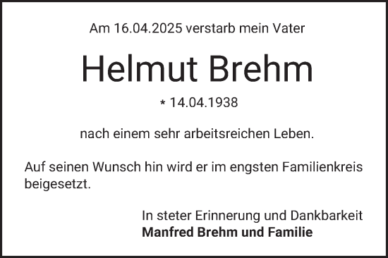 Traueranzeige von Helmut Brehm von Bergsträßer Anzeiger