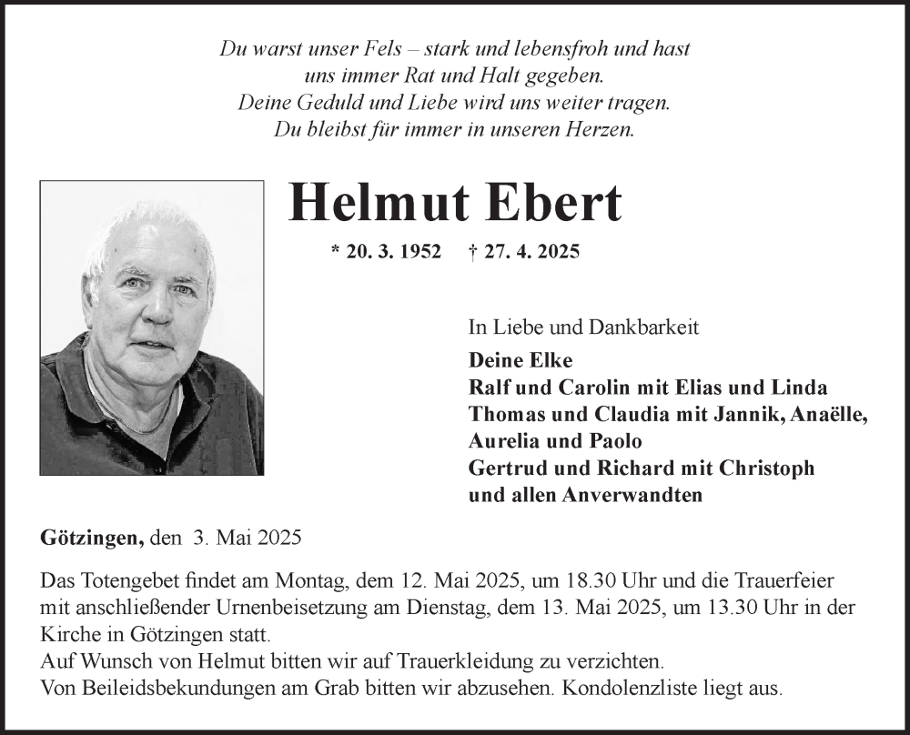  Traueranzeige für Helmut Ebert vom 03.05.2025 aus Fränkische Nachrichten