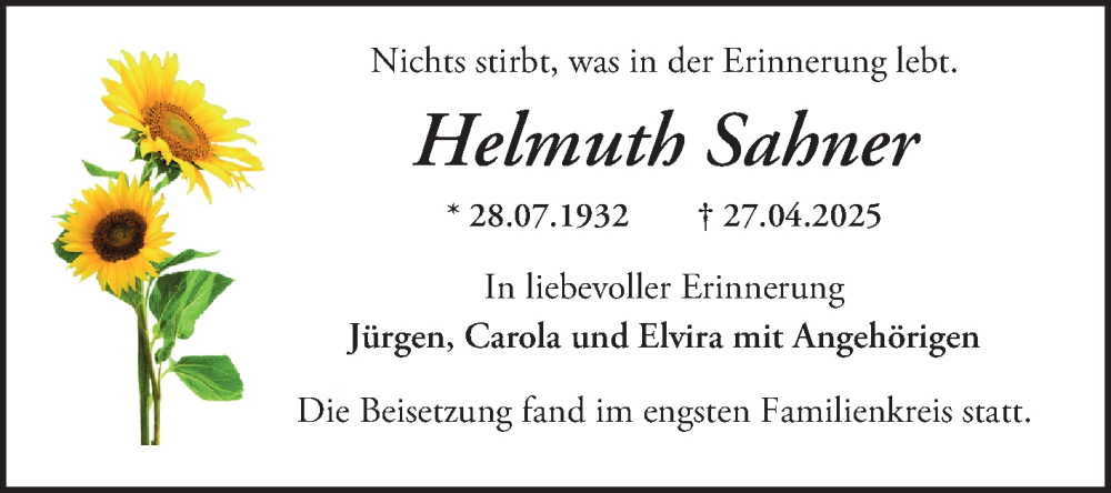 Traueranzeige für Helmuth Sahner vom 31.05.2025 aus Mannheimer Morgen
