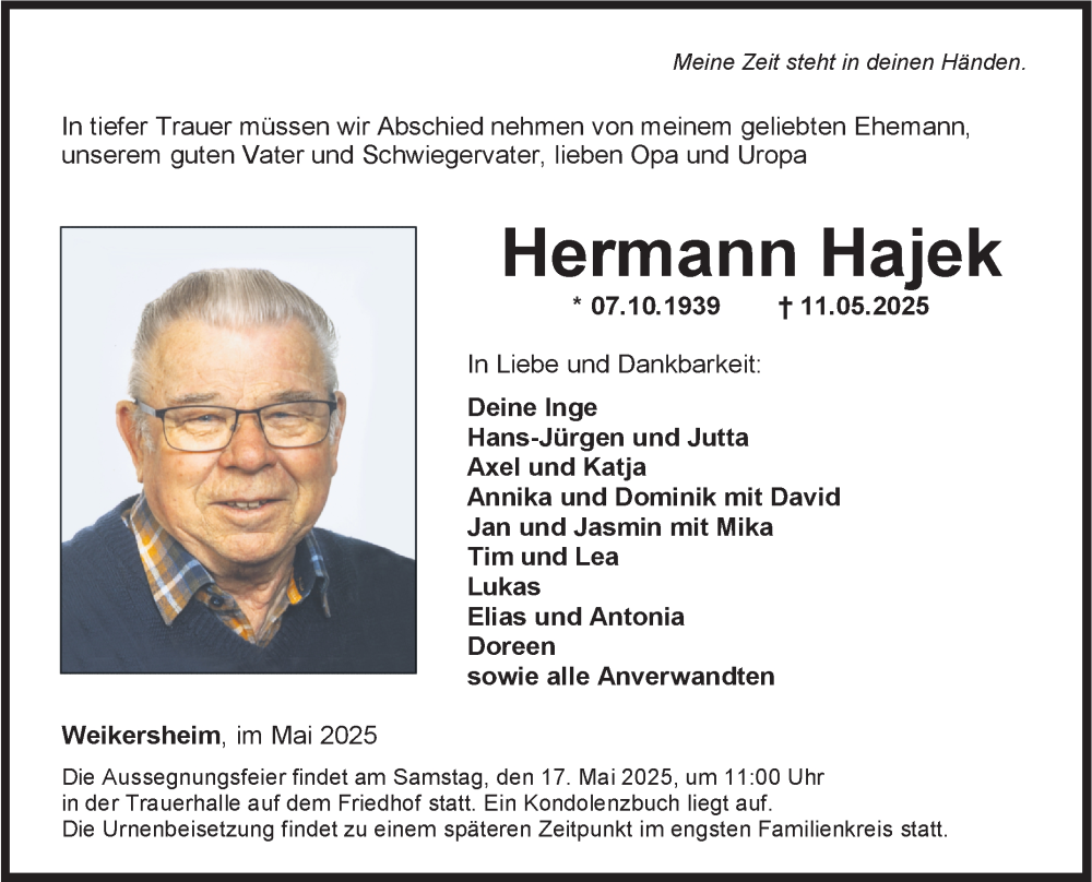  Traueranzeige für Hermann Hajek vom 14.05.2025 aus Fränkische Nachrichten
