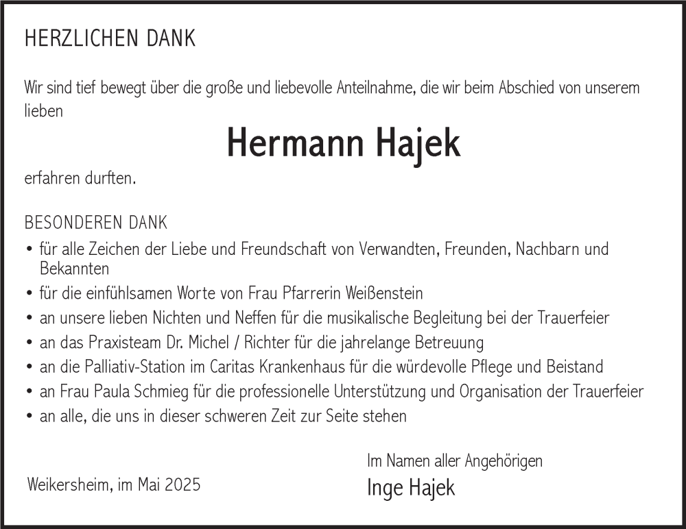  Traueranzeige für Hermann Hajek vom 31.05.2025 aus Fränkische Nachrichten