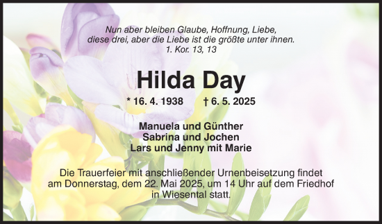 Traueranzeige von Hilda Day von Schwetzinger Zeitung