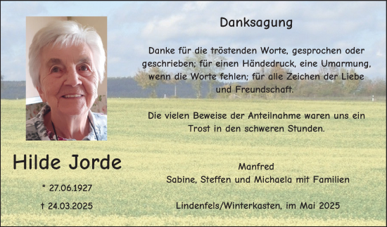 Traueranzeige von Hilde Jorde von Bergsträßer Anzeiger