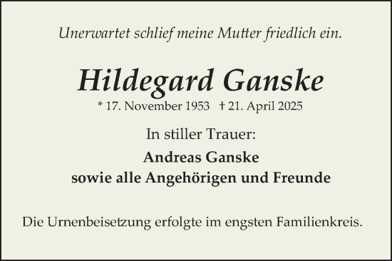 Traueranzeige von Hildegard Ganske von Schwetzinger Zeitung