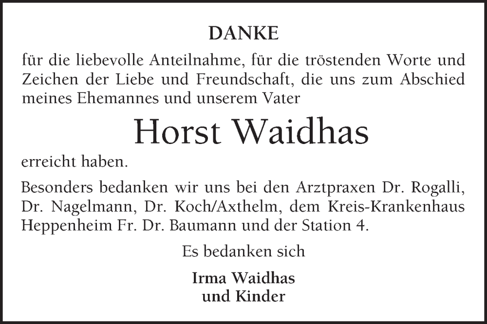  Traueranzeige für Horst Waidhas vom 24.05.2025 aus Bergsträßer Anzeiger