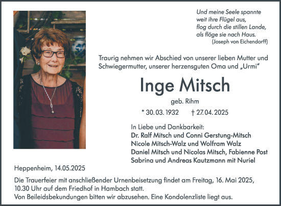 Traueranzeige von Inge Mitsch von Mannheimer Morgen