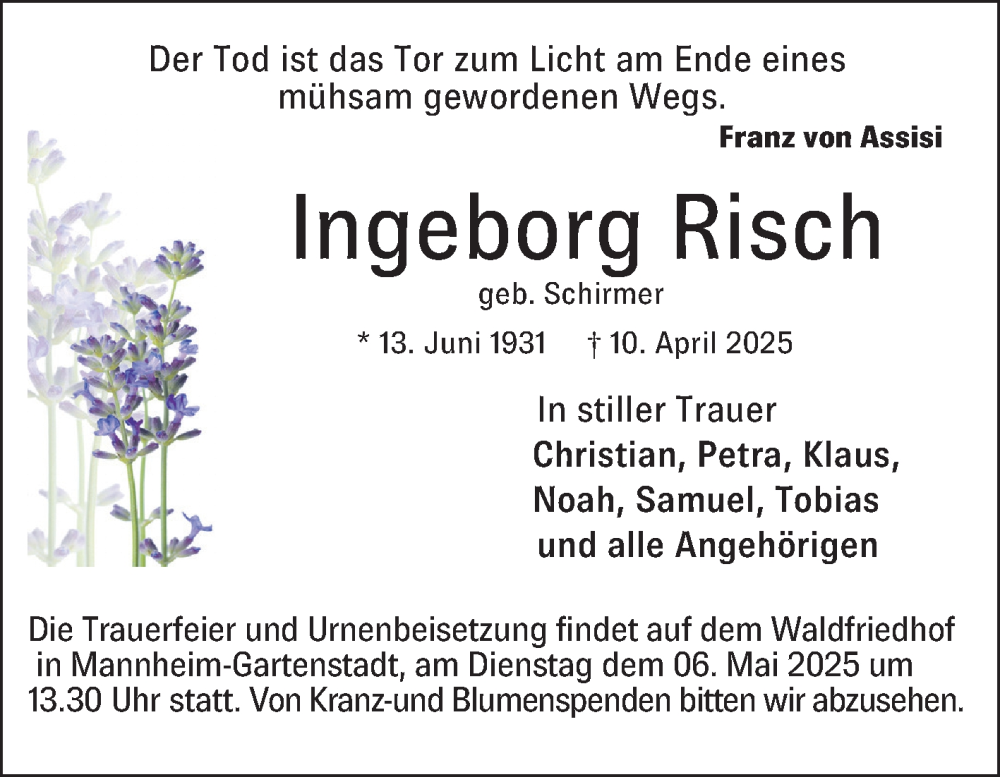  Traueranzeige für Ingeborg Risch vom 03.05.2025 aus Mannheimer Morgen