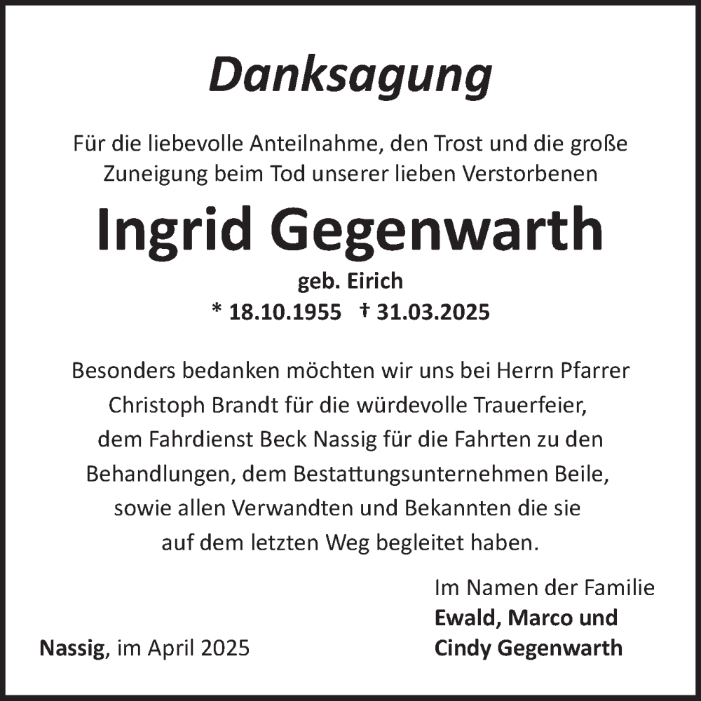  Traueranzeige für Ingrid Gegenwarth vom 19.04.2025 aus Fränkische Nachrichten