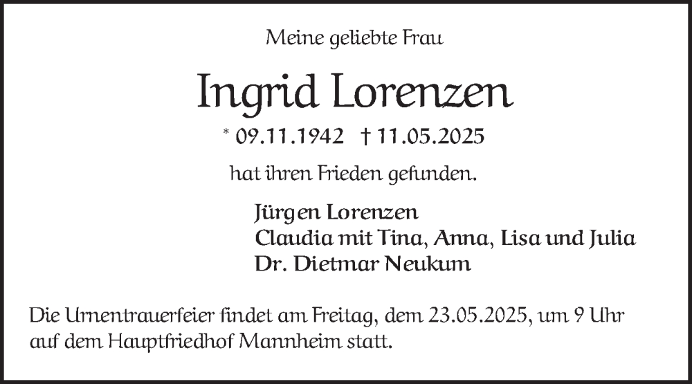  Traueranzeige für Ingrid Lorenzen vom 17.05.2025 aus Mannheimer Morgen