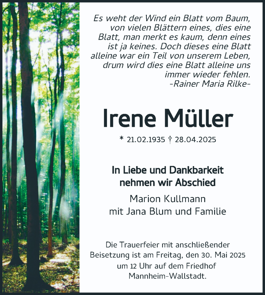  Traueranzeige für Irene Müller vom 17.05.2025 aus Mannheimer Morgen