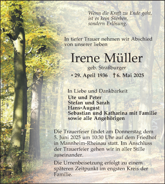 Traueranzeige von Irene Müller von Mannheimer Morgen