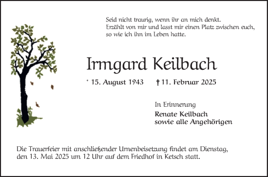 Traueranzeige von Irmgard Keilbach von Schwetzinger Zeitung