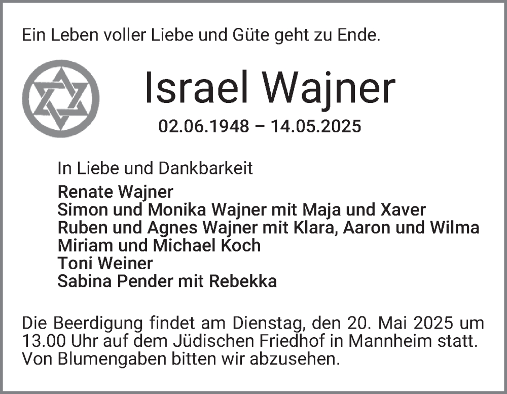  Traueranzeige für Israel Wajner vom 17.05.2025 aus Mannheimer Morgen